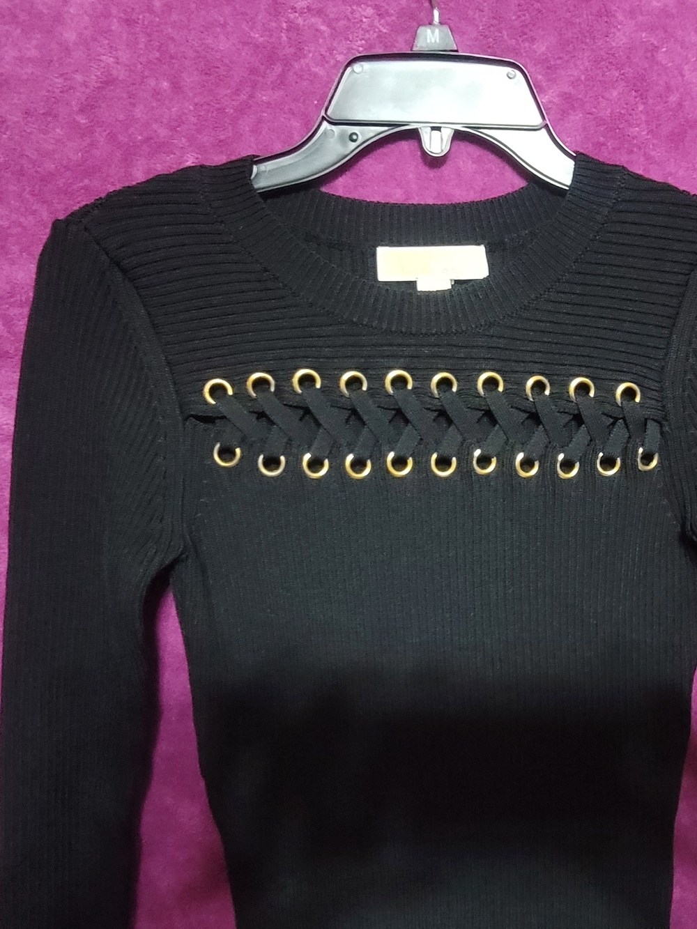 Michael Kors Black Ribbed Long Sleeve Dress with Gold Eyelet Lace-Up